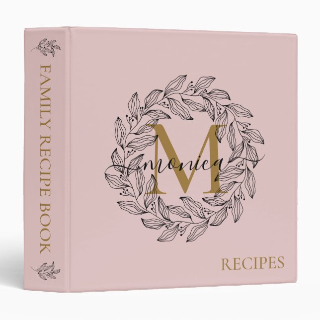 Classeur Élégant Blush Rose Girl Floral Gold Monogramme Nom (Devant/Côté)
