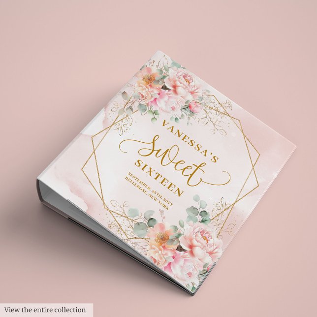 Classeur Élégant Blush Rose Sage Or Floral Sweet 16 Album (Stylish Blush Pink Sage Gold Floral Sweet 16 Album 3 ring binder)