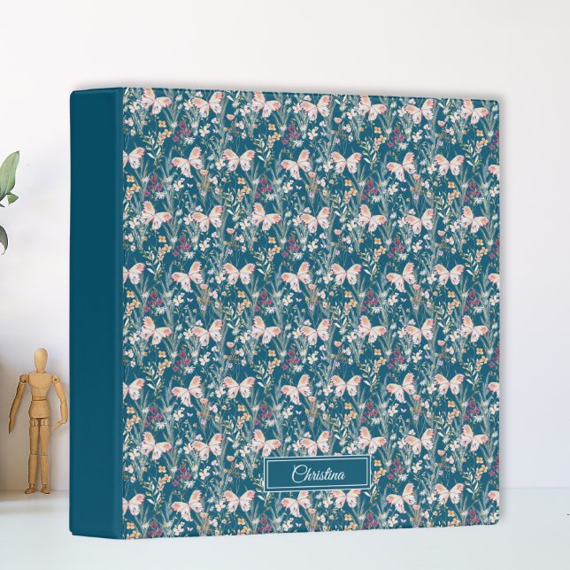 Classeur Élégant Boho Aquarelle Fleur Papillon Monogramme (Créateur téléchargé)