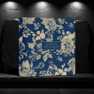 Classeur Élégant Botanique   Fleurs de Photo Or Bleu Marine