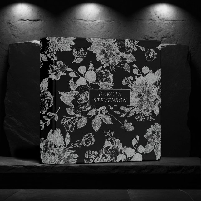 Classeur Élégant botanique | Photo florale noire et argent (Créateur téléchargé)