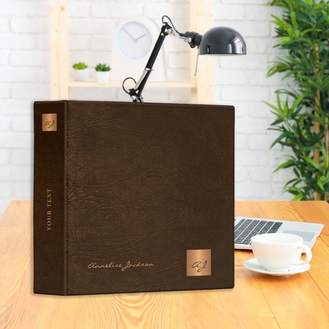 Classeur Elégant bureau en cuir marron monogramme or (Créateur téléchargé)