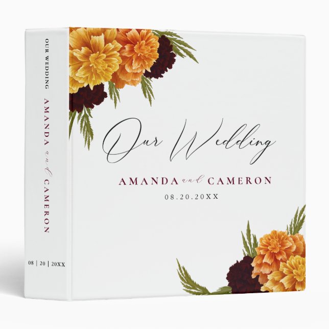 Classeur Elegant Burgundy Red Watercolor "MARIGOLD" Wedding (Devant/Côté)