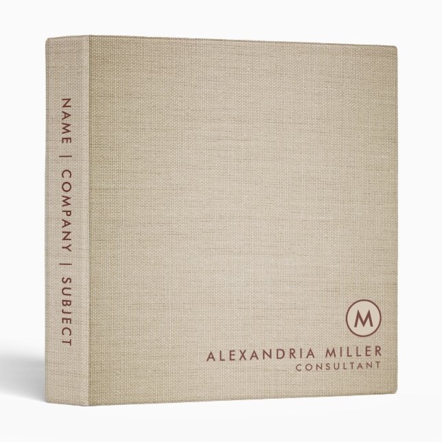 Classeur Élégant Burlap Moderne Monogramme minimal (Devant/Côté)