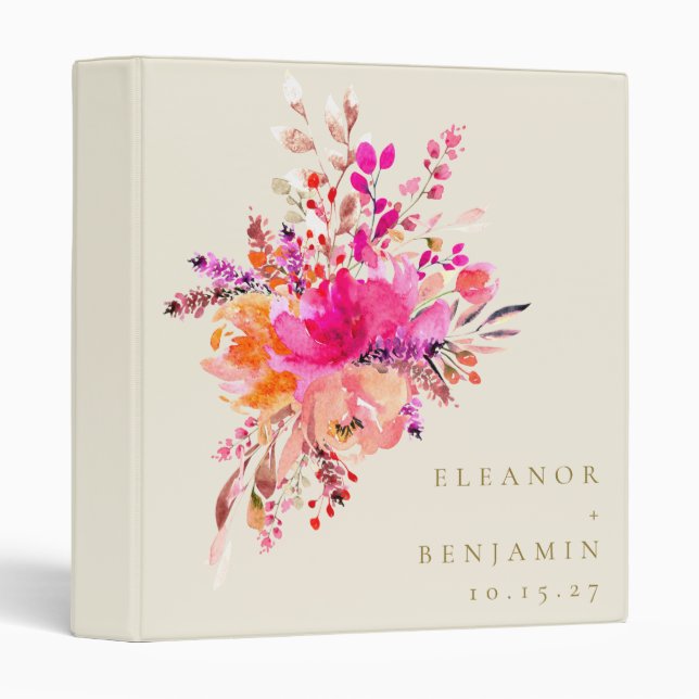 Classeur Elégant Chic Rose Aquarelle Mariage Floral Personn (Devant/Côté)