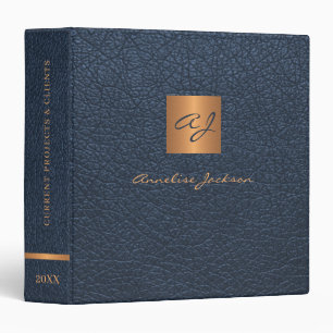Classeur Élégant cuir bleu marine doré monogrammé classe