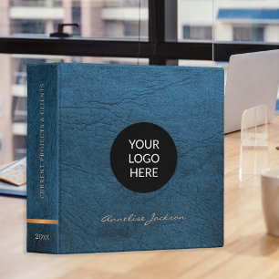 Classeur Élégant cuir bleu or logo personnalisé luxe
