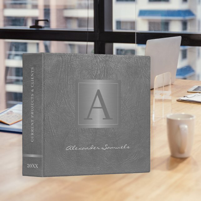 Classeur Élégant cuir gris professionnel monogrammé (Créateur téléchargé)