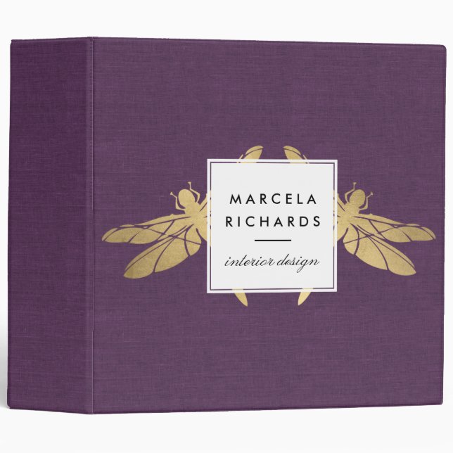 Classeur Elégant Duo de libellules d'or Faux sur lin mauve (Devant/Côté)