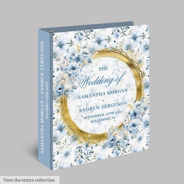 Classeur Elégant Dusty Blue Floral Parties scintillant or M (Elegant Dusty Blue Floral Gold Glitter Wedding 3 ring binder)