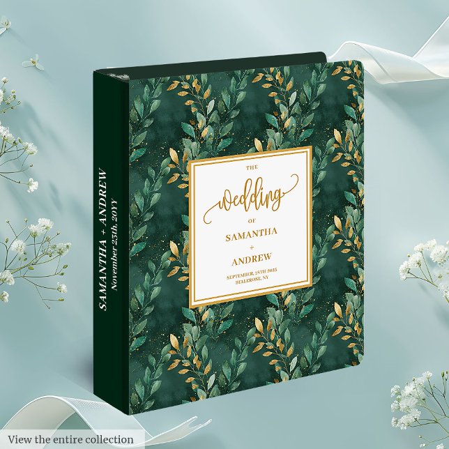 Classeur Élégant Emerald Gold Foliage Mariage 3 anneau Clas (Elegant Emerald Gold Foliage Wedding 3 Ring Binder)