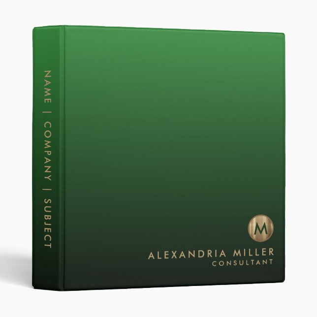 Classeur Élégant Emerald Gold Monogram Office School (Devant/Côté)