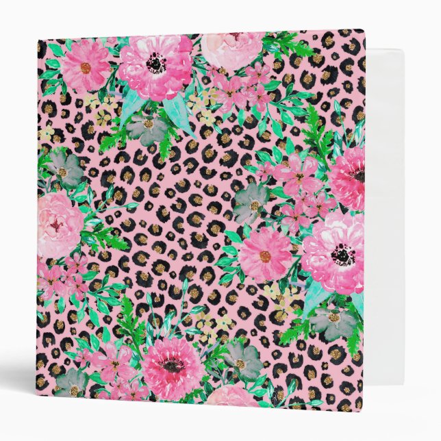 Classeur Elégant Empreinte de léopard rose et design floral (Devant/Intérieur)