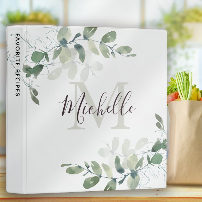 Classeur Elégant Eucalyptus Monogramme Nom du script Recett (Créateur téléchargé)
