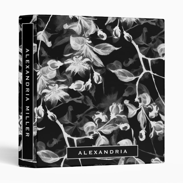 Classeur Élégant floral noir et blanc | Personnalisé (Devant/Côté)