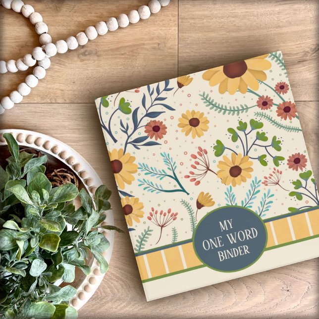 Classeur Élégant Floral Nom personnalisé Jaune Un mot (Créateur téléchargé)