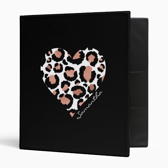 Classeur Elégant Leopard Cheetah Motif Coeur Nom noir (Devant/intérieur)