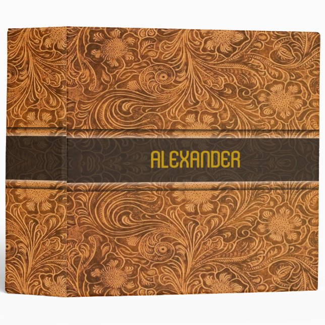 Classeur Elégant look de cuir Brown Floral Embossé Motif (Devant/Côté)