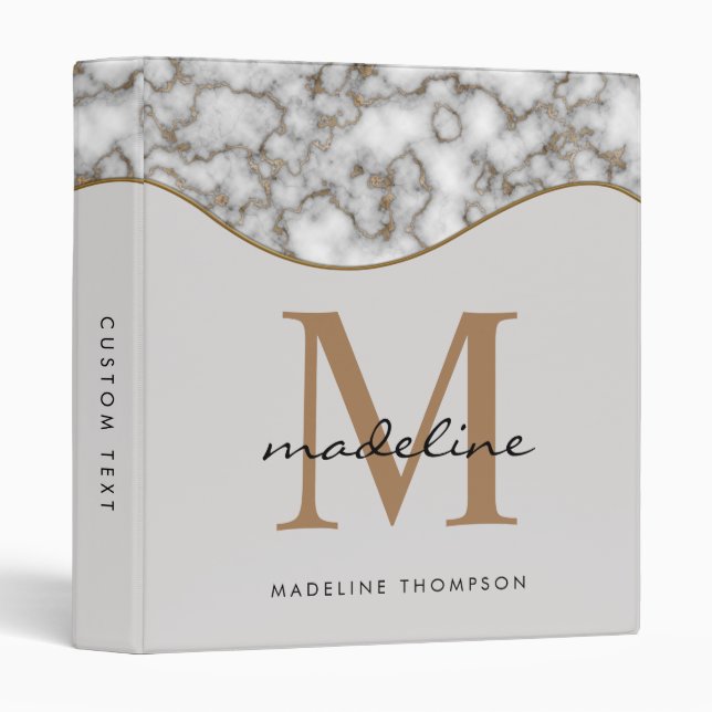 Classeur Élégant Marbre d'or rougeâtre noir Gris Monogramme (Devant/Côté)