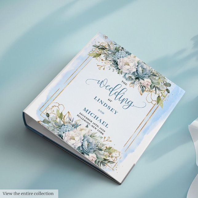 Classeur Elégant Mariage de cadre bleu pivoine floral or Du (Elegant Dusty Blue Peony Floral Gold Frame Wedding Binder)