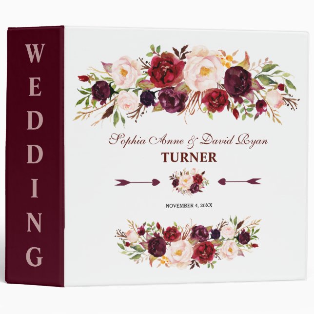 Classeur Élégant Mariage floral de Bourgogne Marsala (Devant/Côté)