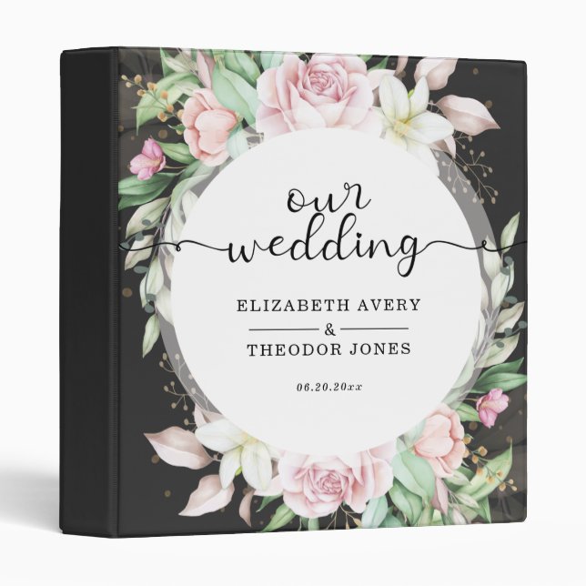 Classeur Elégant Mariage Floral Luxe noir et rose (Devant/Côté)