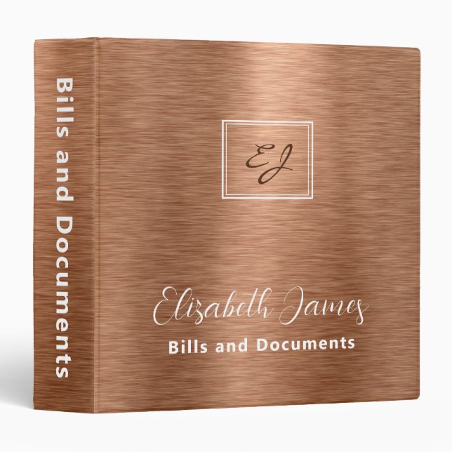 Classeur Élégant moderne en cuivre brossé Monogramme (Devant/Côté)