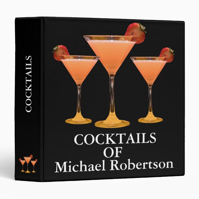 Classeur Elégant Moderne Noir Monogramme Cocktail Recette (Devant/Côté)