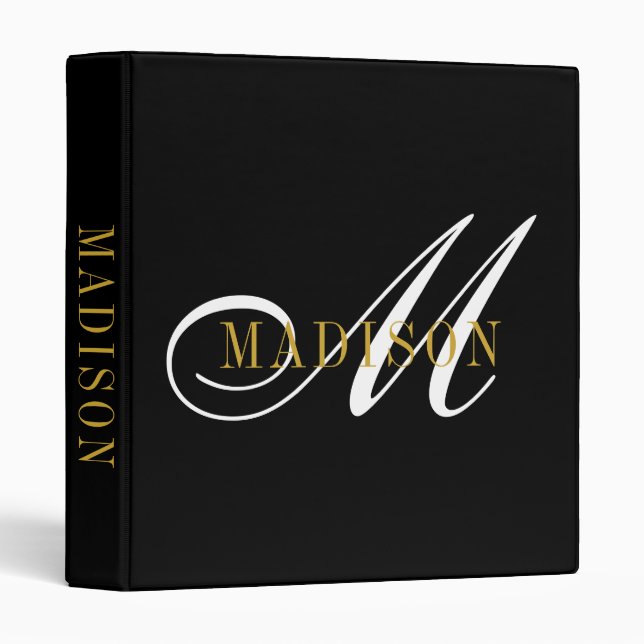 Classeur Élégant Monogram Black Gold Nom de script (Devant/Côté)