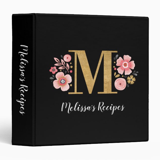 Classeur Élégant Monogram Black Gold Script (Devant/Côté)