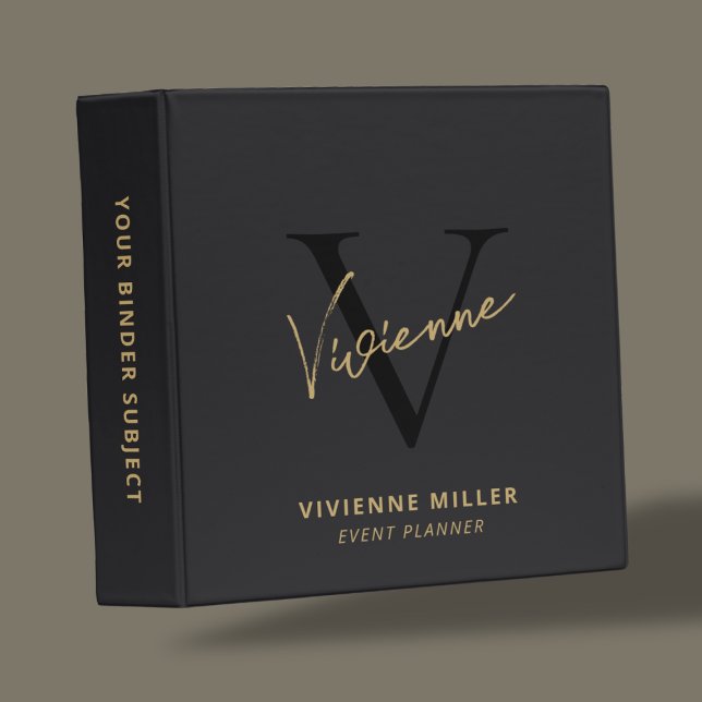 Classeur Élégant Monogram Black Gold Script Office School (Elegant Monogram Binder)