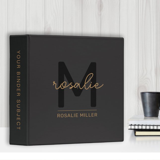Classeur Élégant Monogram Black Gold Script Office School (elegant black gold monogram binder)