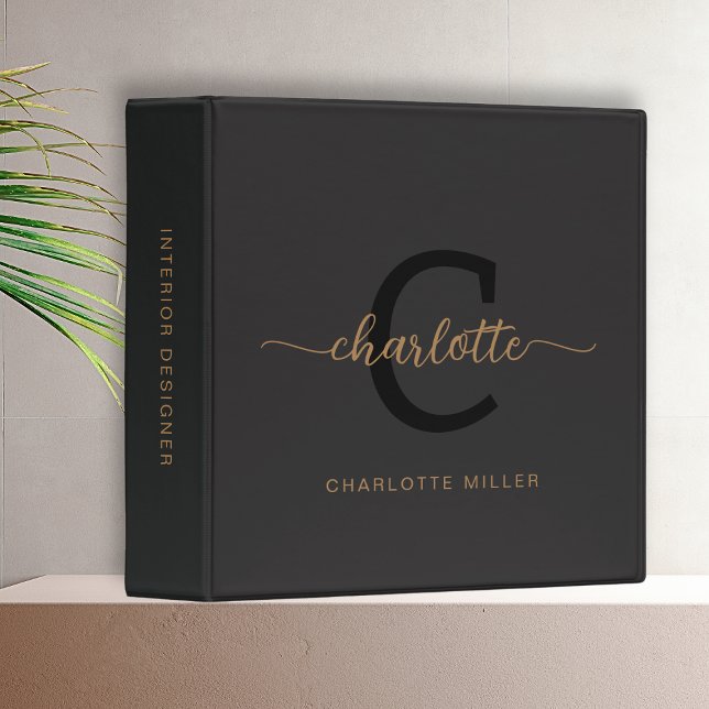 Classeur Élégant Monogram Black Gold Script Office School (elegant monogram binder)