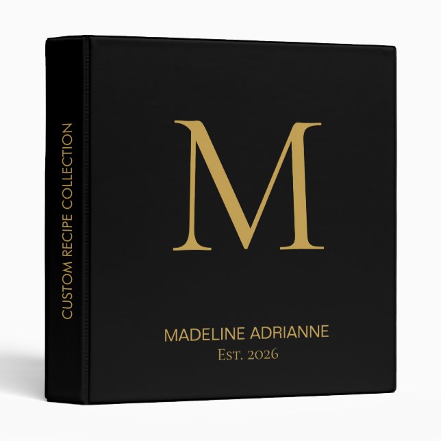 Classeur Elegant Monogram Black Gold Script Office School (Devant/Côté)