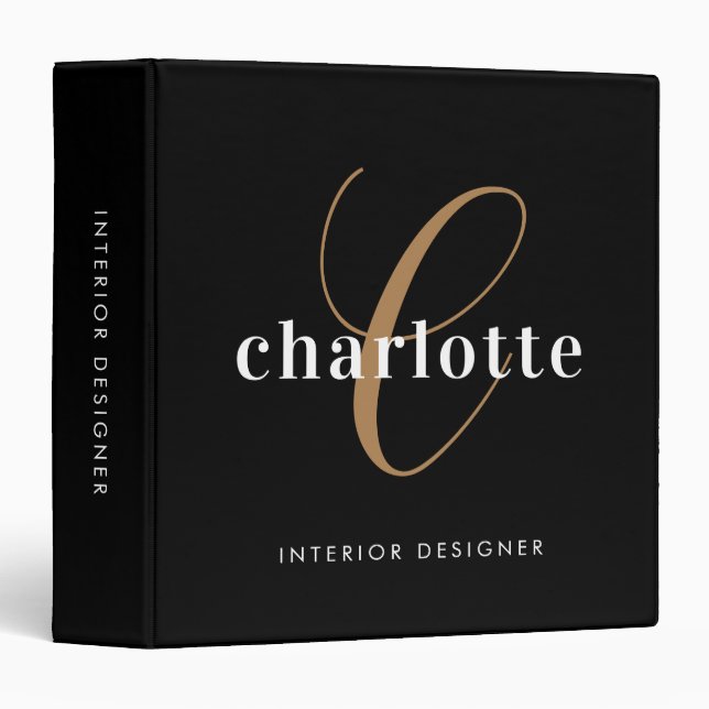 Classeur Élégant Monogram Black Gold Script Office School (Devant/Côté)