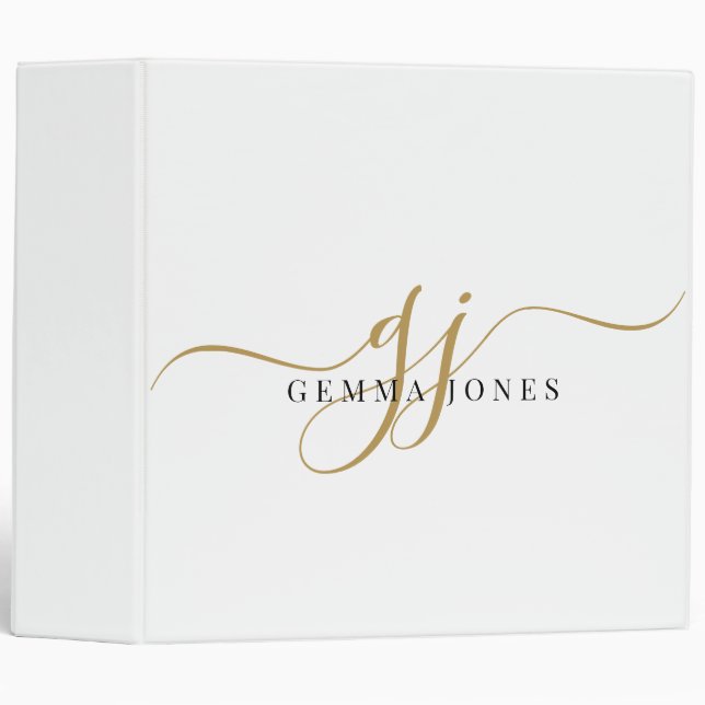 Classeur Élégant Monogram Gold Script Office School (Devant/Côté)