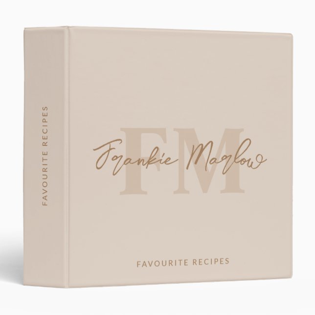 Classeur Élégant Monogramme Beige Gold Nom de script Recett (Devant/Côté)