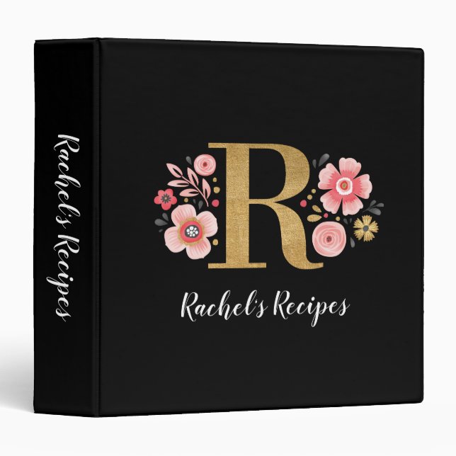 Classeur Élégant Monogramme Black Gold Script 3 Cercle Clas (Devant/Côté)