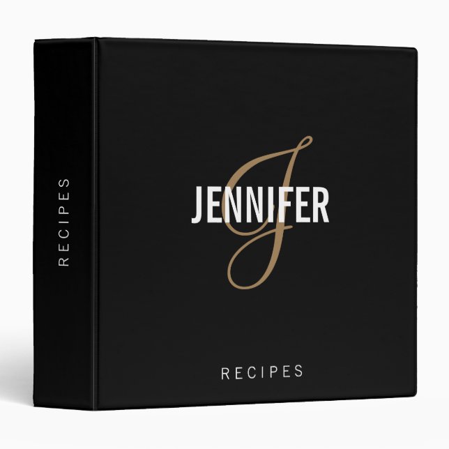 Classeur Élégant Monogramme Black Gold Script Nom Recette (Devant/Côté)