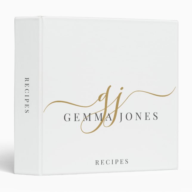 Classeur Élégant Monogramme Black Gold Script Nom Recette (Devant/Côté)