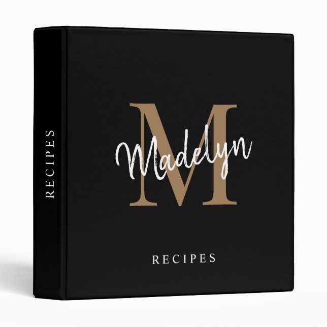 Classeur Élégant Monogramme Black Gold Script Nom Recette (Devant/Côté)