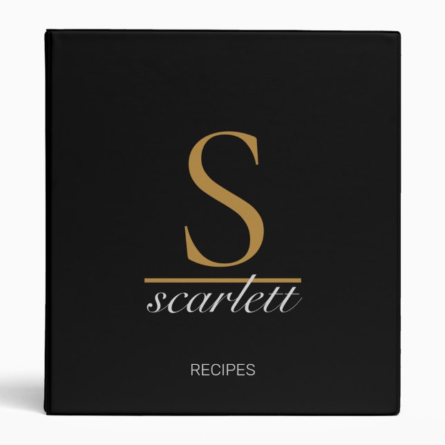 Classeur Élégant Monogramme Black Gold Script Nom Recette (Créateur téléchargé)