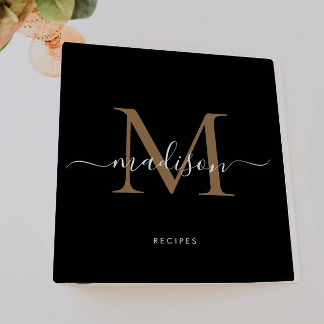 Classeur Élégant Monogramme Black Gold Script Nom Recette (Créateur téléchargé)