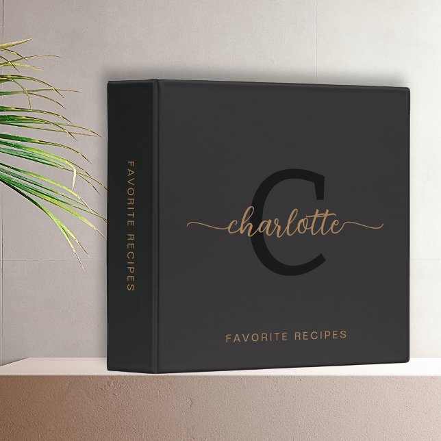 Classeur Élégant Monogramme Black Gold Script Nom Recette (Créateur téléchargé)