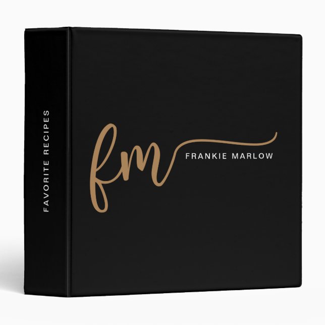 Classeur Élégant Monogramme Black Gold Signature Script (Devant/Côté)