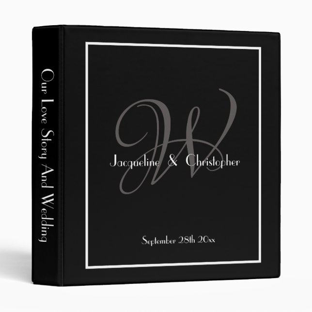 Classeur Élégant Monogramme Classy Mariage noir et blanc (Devant/Côté)