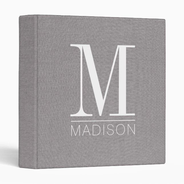 Classeur Élégant Monogramme Faux Lin Gris (Devant/Côté)