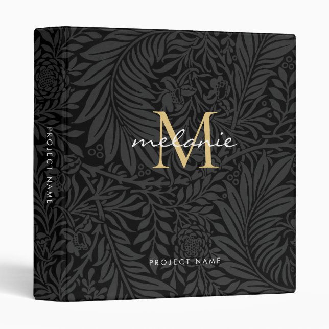 Classeur Élégant Monogramme Floral Or Noir (Devant/Côté)
