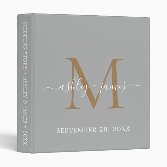 Classeur Élégant Monogramme Gris & Or Script Mariage Album (Devant/Côté)