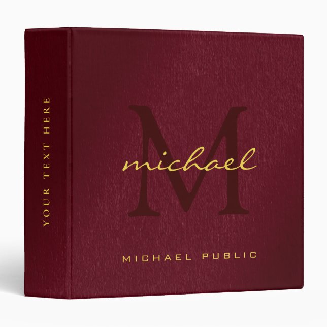 Classeur Élégant Monogramme initial Bordeaux & Or Texte (Devant/Côté)